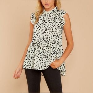 Entro Ruffle Babydoll Top White Black Animal Print Blouse Keyhole Button Small